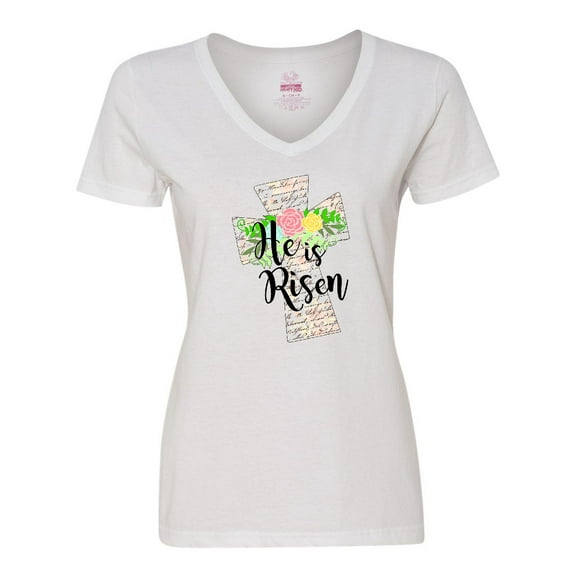 Inktastic He is Risen Cross with Script and Flowers Women's V-Neck T-Shirt