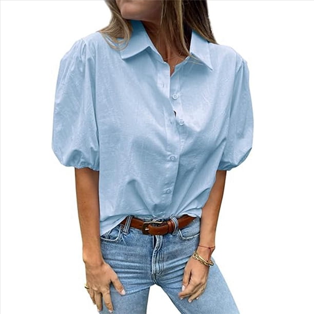 Camisas de Mujer con Botones, Mangas Abullonadas, Cuello Alto, Blusas Elegantes e Informales. Azul XL