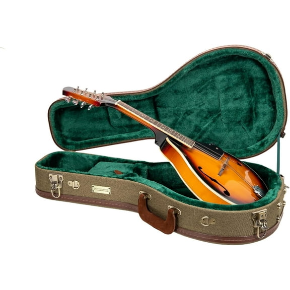 Crossrock Master Series- Wooden A-style Mandolin Case- Security Lock, Genuine Leather Handle, Reinforced Hardware, Metal Feet, Storage Space- Olive Green