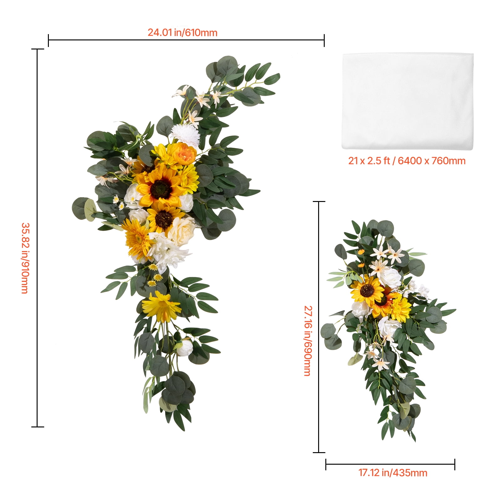 VEVOR Artificial Wedding Arch Flowers Kit, Yellow Wedding Arch Flowers with Drapes Kit (Pack of 3) - 2 Pcs Floral Arrangement, 1 Pcs Sheer Drapes, for Ceremony Bouquets Reception Backdrop Decoration