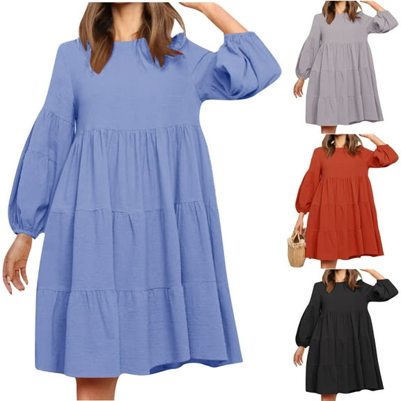 SMihono Fashion Women's Dresses 2025 Casual Long Sleeve Crew Neck Tiered Ruffle A-Line Dress Swing Mini Babydoll Dress Black 8