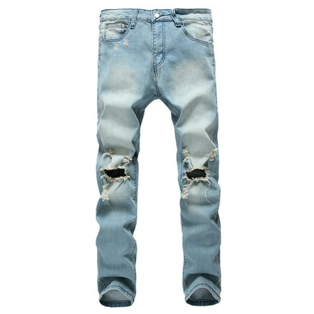 Destroyed Denim Jeans Mens Frayed Ripped Straight Trousers Slim Fit Hip Hop Pants Zipper Button Fly Casual Outwear