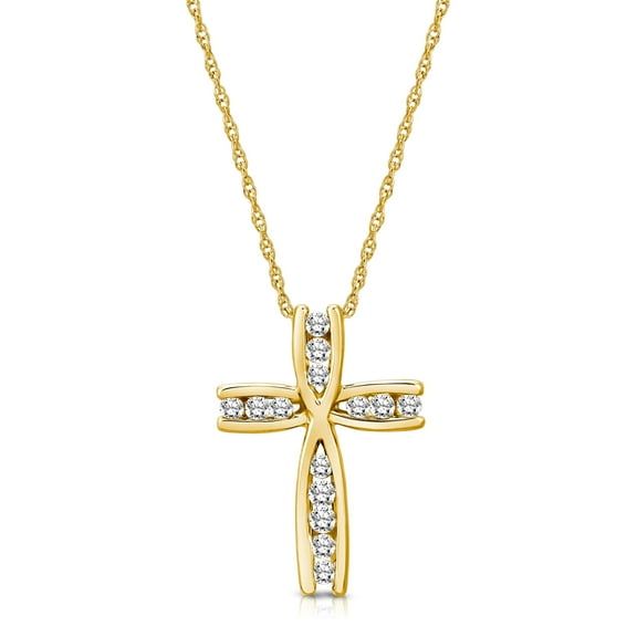 10K Yellow Gold Diamond Cross Pendant Necklace for Female (1/4 Cttw, I-J Color, I2-I3 Clarity), 18"