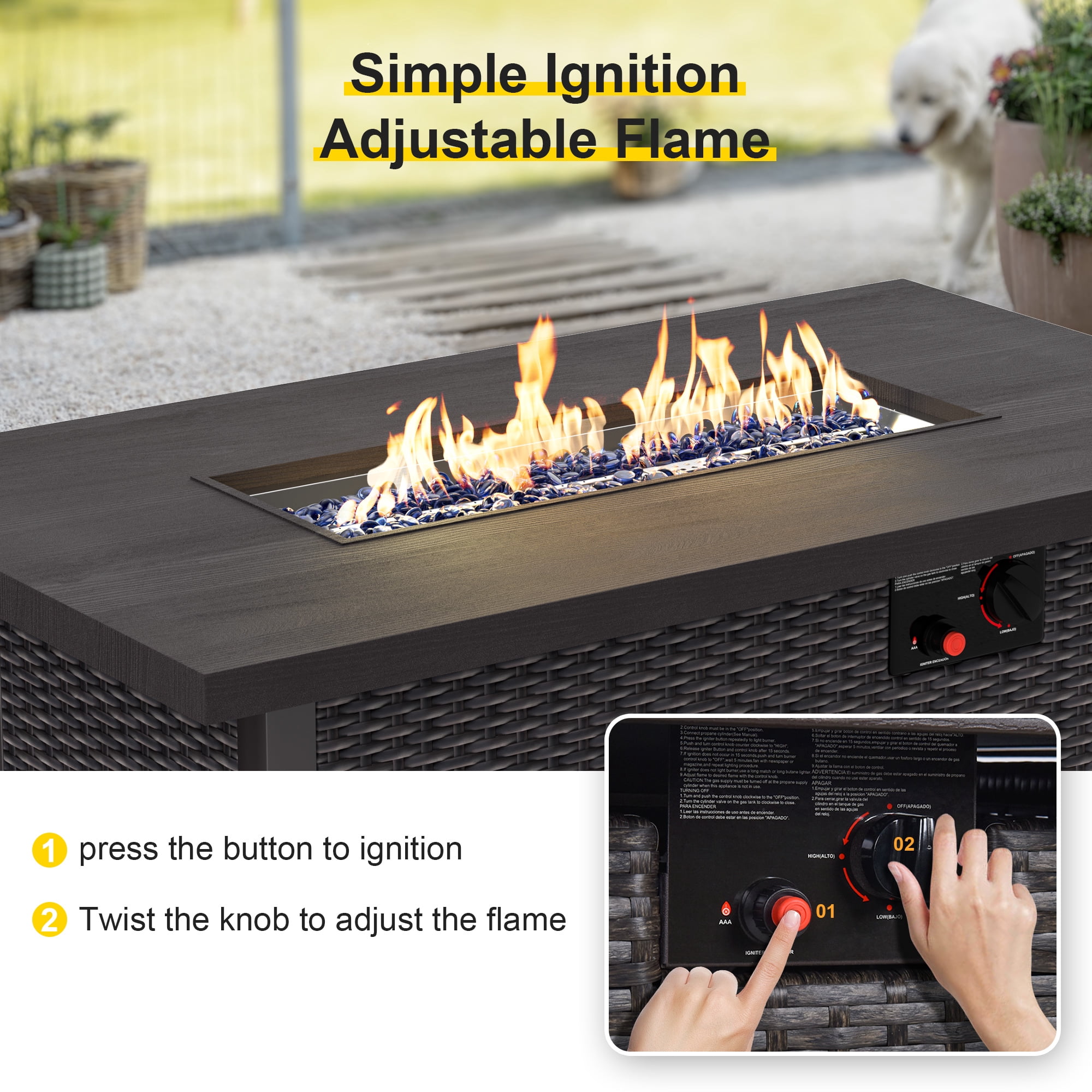 6 PCS Patio Furniture Sets w/ 42" Fire Pit Table Outdoor Conversation Sectional Sofa w/ 50000 BTU Propane Fire Pit Weaving Wicker Rattan Patio Conversation Set With Ottoman, Cushion And Coffee Table