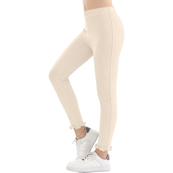 jobturf Girls Leggings High Waisted Ruffle Trim Ribbed Yoga Pants Summer Stretchy Casual Trousers for Kids 1-10 Years