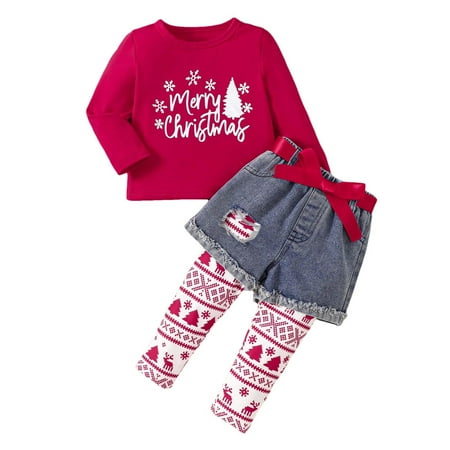 

Toddler Girls Christmas Long Sleeve Cartoon Prints Tops T Shirt Denim Shorts Pants Trousers Outfits Crop Top Outfits for Kids Soft Bows for Baby Girls 3 Toddler Girls Clothes Baby Girl Clothes Baby