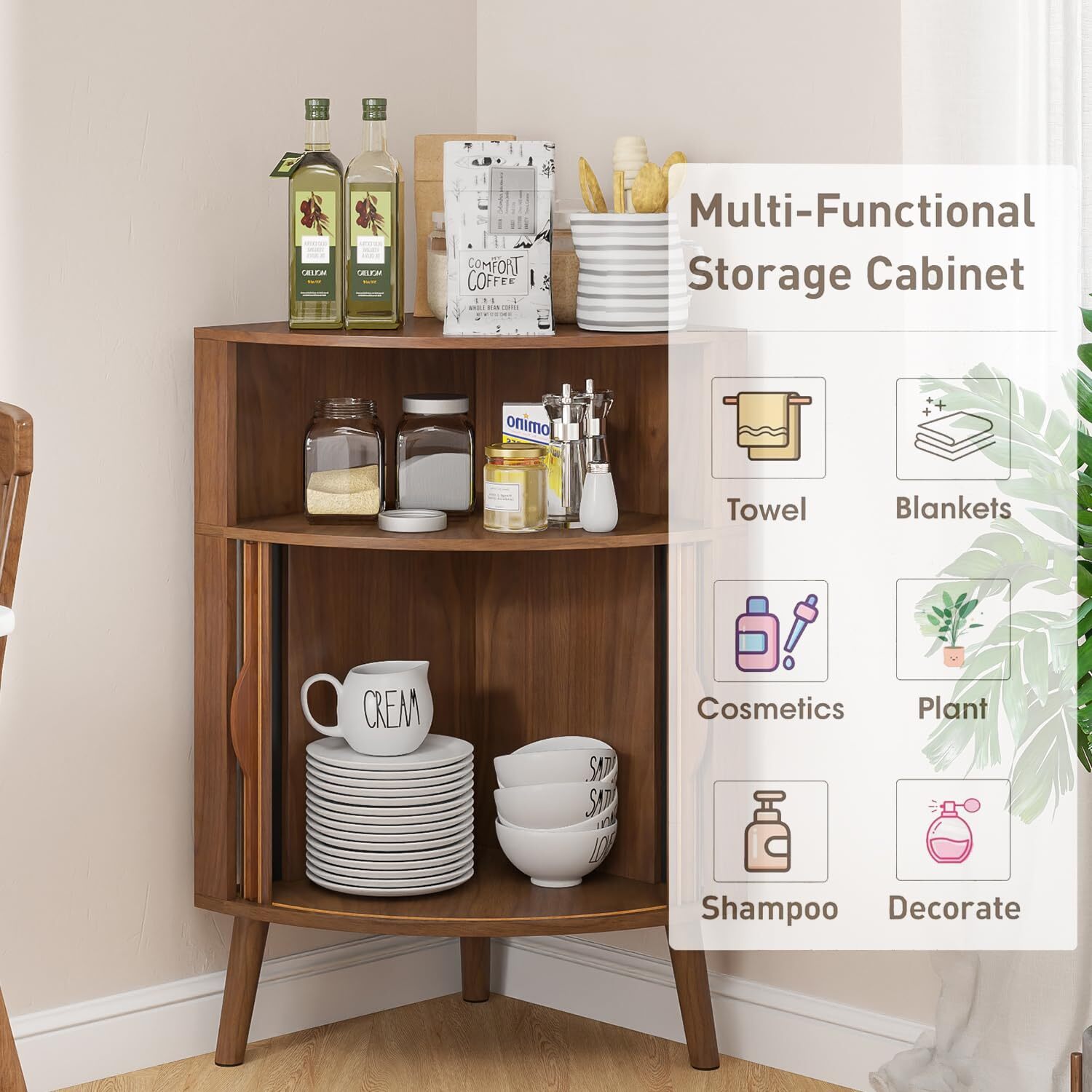 Bathroom Storage Cabinet, 31.5" Narrow Floor Corner Storage Cabinet with Fluted Doors & Shelves, Walnut