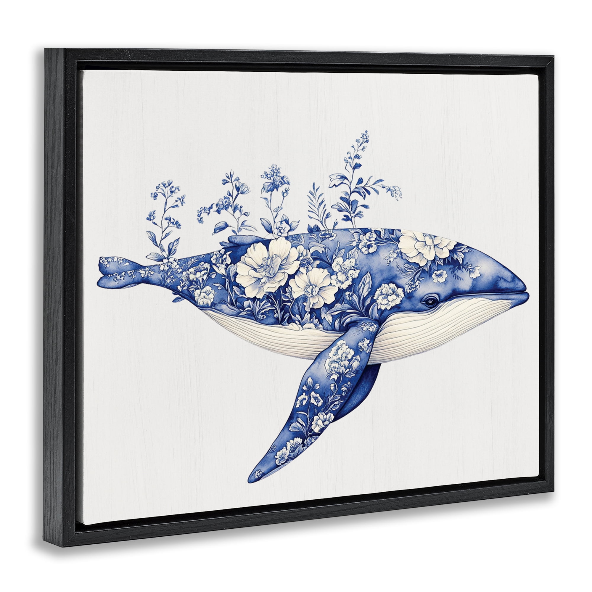 Blooming Toile Whale Black Framed Floater Canvas Wall Art, design by Lettered and Lined