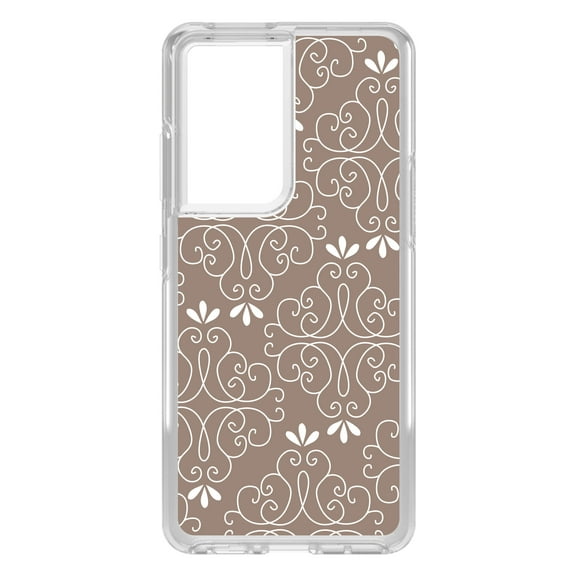 DistinctInk Clear Shockproof Hybrid Case for Galaxy S21 ULTRA 5G (6.8" Screen) - TPU Bumper, Acrylic Back, Tempered Glass Screen Protector - Tan White Floral