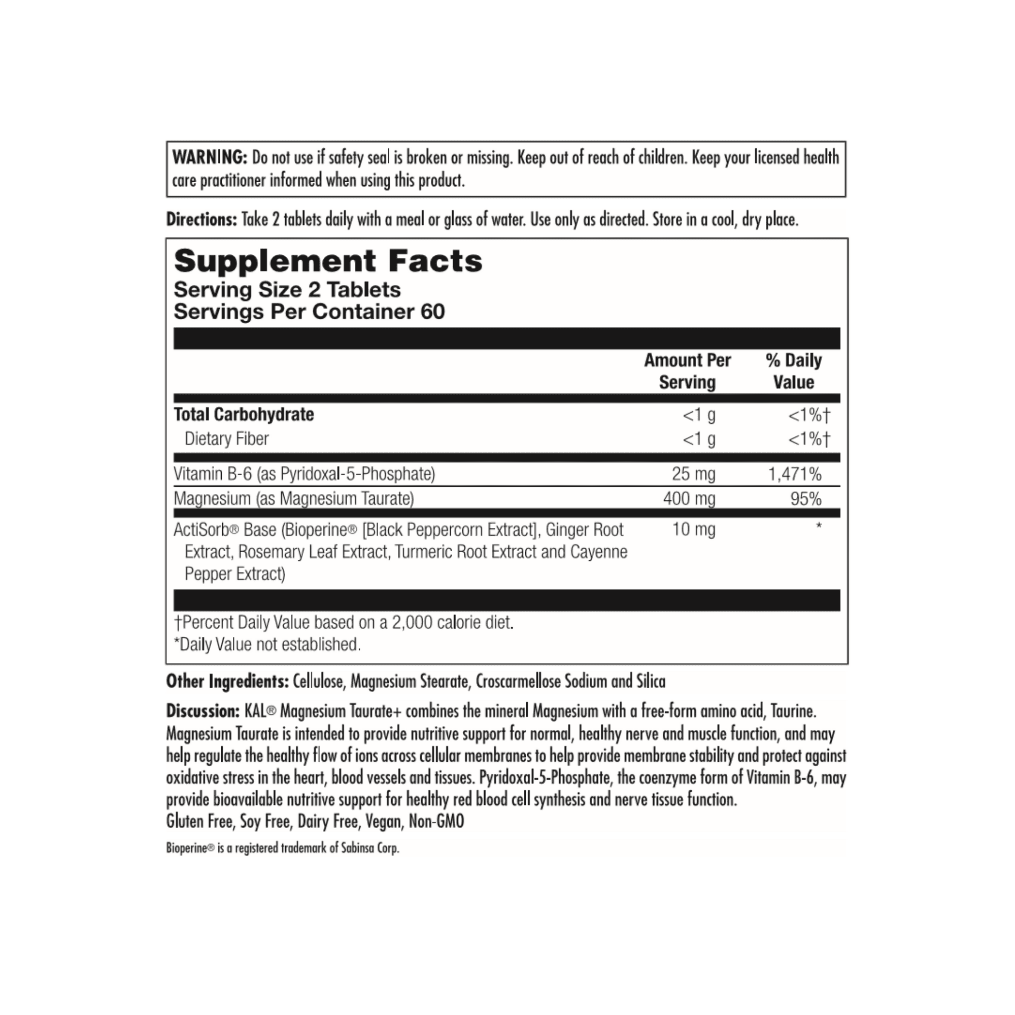 KAL Magnesium Taurate Plus 400mg w/ Coenzyme B6 | Highly Bioavailable, Chelated, Vegan (120 CT)