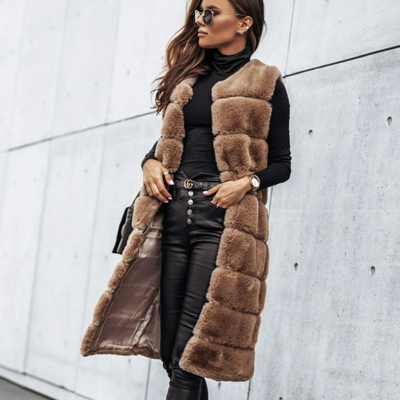 Teissuly Ladies Fashion Long Color Warm Round Neck Furs Vest Jacket
