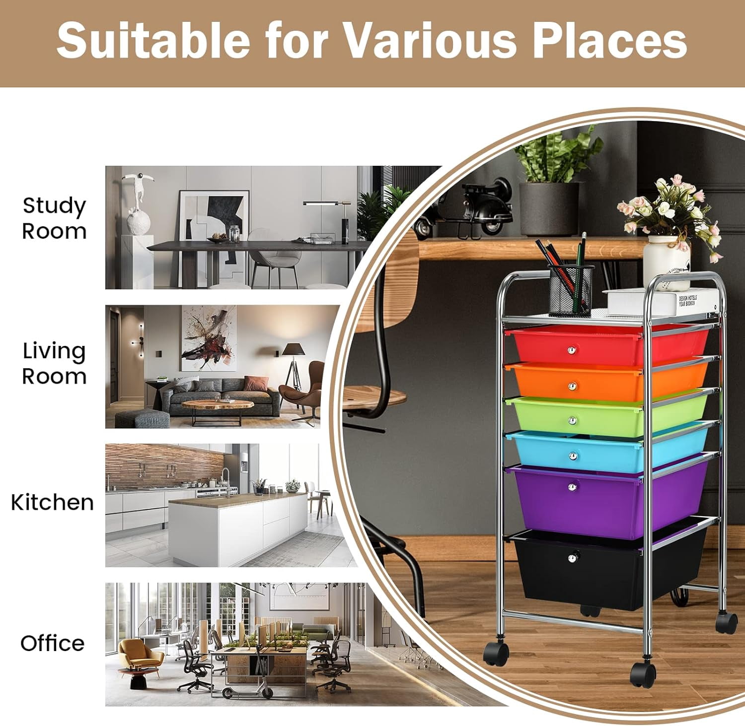 Gymax Rolling Storage Cart Tools Scrapbook Paper Office School Organizer W/ 6 Drawer