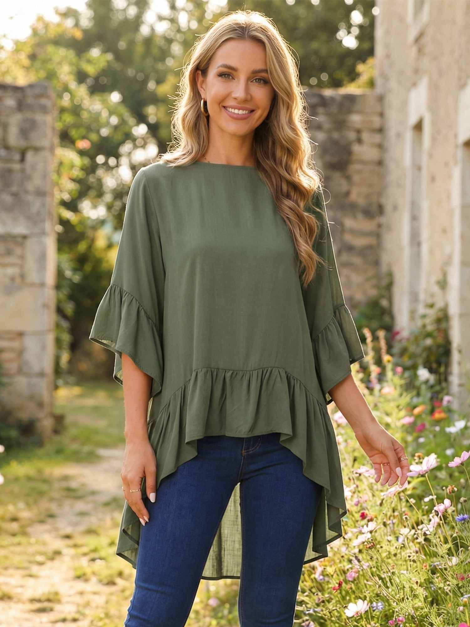 DARING DIVA Women's High Low Tops Bell Sleeve Crewneck Ruffle Blouse 2XL Army Green