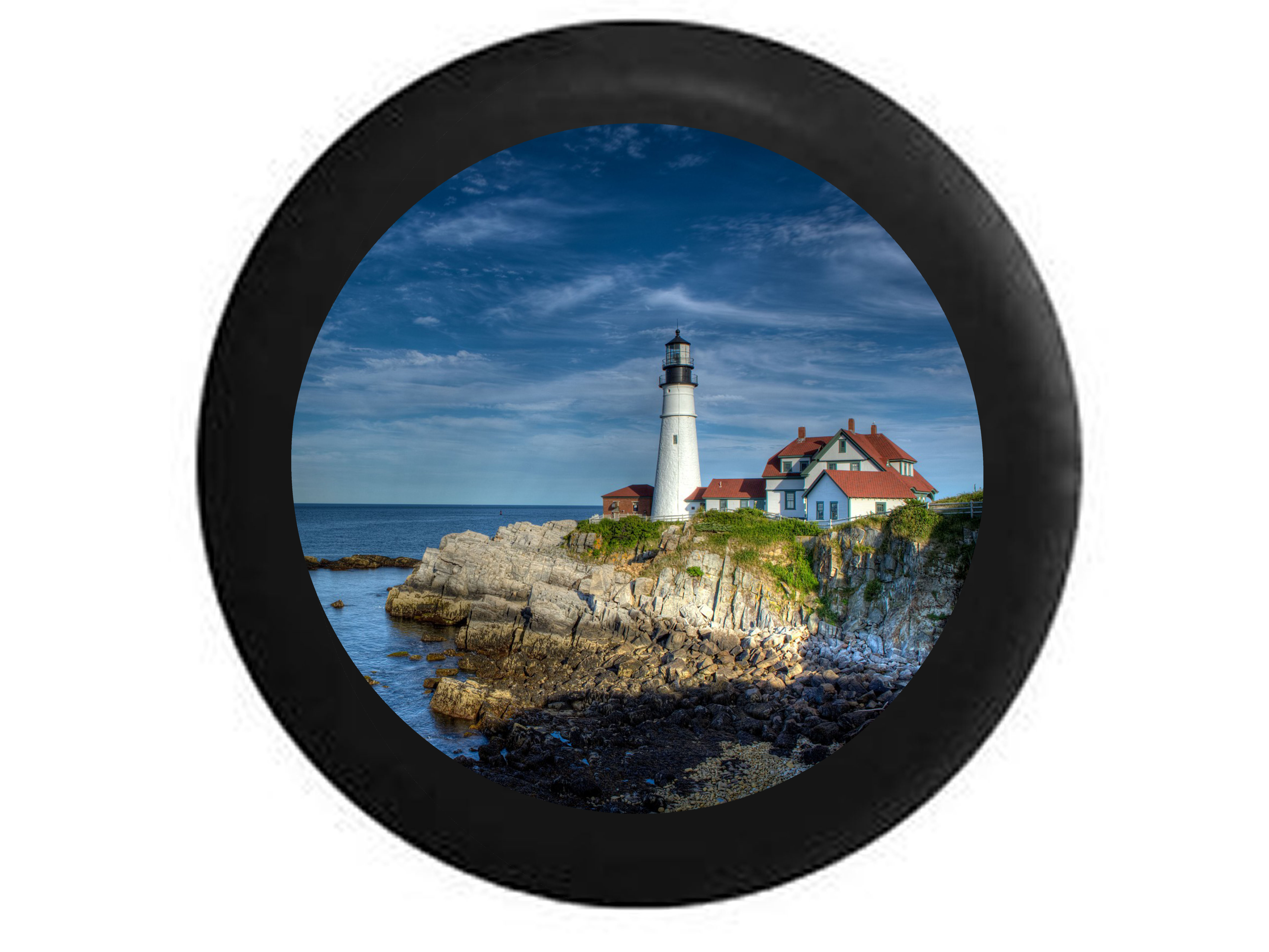 Maine Lighthouse on Cliffside overlooking Ocean Jeep RV Camper Spare