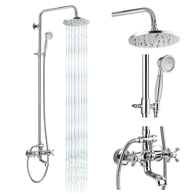Shower Faucet Set 8 Rain Exposed Pipe Shower 2 Double Knobs Handle Chrome Polish Triple Function Tub Spout Shower Fixture Combo System Unit Set