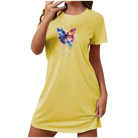 Qingpeng Womens Cute Printed Nightgowns Shirt Short Sleeve Crew Neck Sleep Shirts Loose Soft Sleepwear Dress