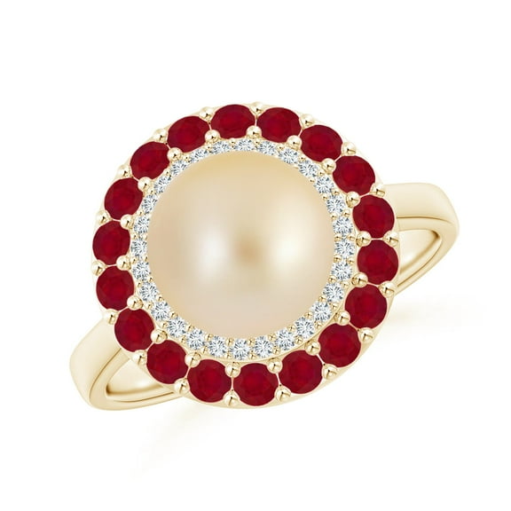 ANGARA Golden South Sea Cultured Pearl & Ruby Double Halo Ring in 14K Yellow Gold for Women | June Birthstone, Birthday, Anniversary, Jewelry Gift for Women | Natural Pearl Ring