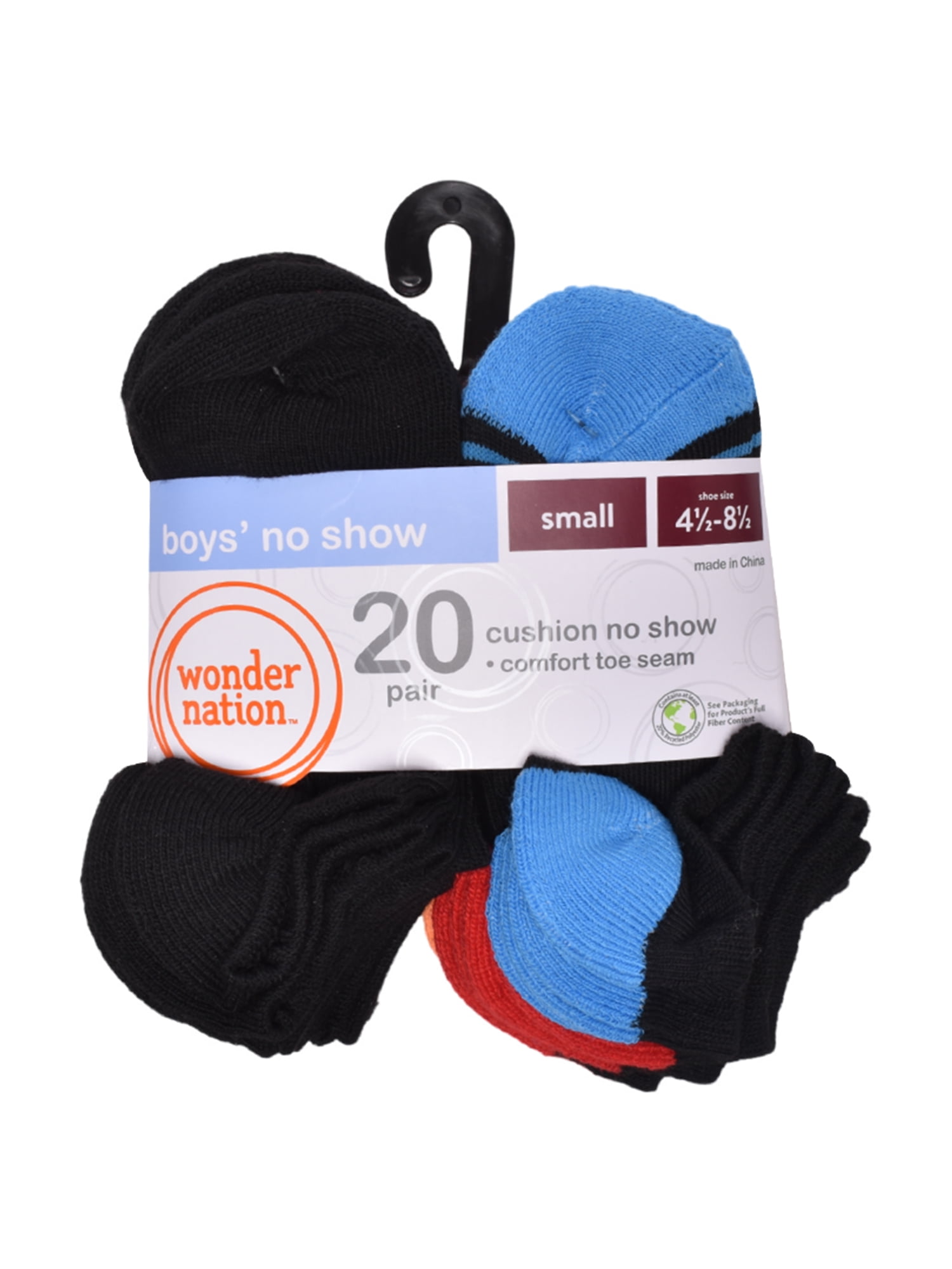 Wonder Nation Boys No Show Socks, 20-Pack, Sizes S (6-10.5) - L (4-10)