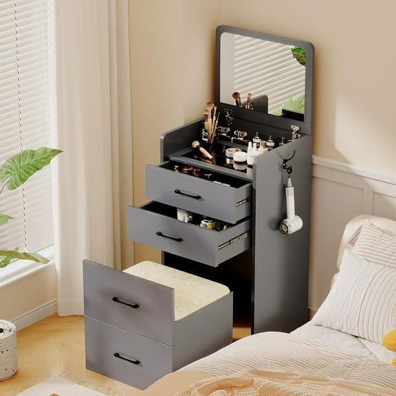 3-in-1 Makeup Vanity Desk with Flip Top Mirror and Cushioned Stool, Dressing Table with 3 Drawers, Compact Vanity Set for Small Space (Grey)