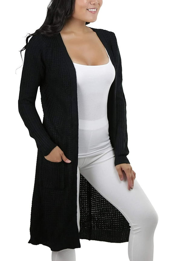 Women's Long Sleeve Ribbed Knit Warm Duster Cardigan - Black - Large