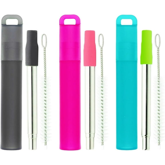 Metal Reusable Straws 3 Pack Collapsible Stainless Steel Drinking Straw Portable Telescopic Travel Straw, with Case and Cleaning Brush Foldable Pocket Straws