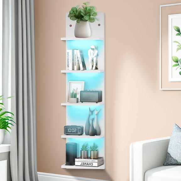 5 Tier Display Shelf Case with Light LED Wall Mount Vertical Lack Shelf with RGB Lighting for Bedroom Living Room Gam Floating Shelves for Bedroom Living Rooms Book Gaming Shelves White