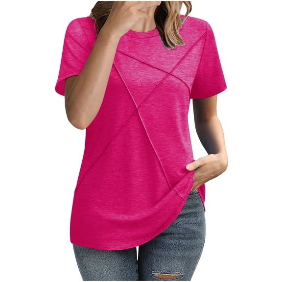 DeHolifer T-Shirts for Women Summer Casual Solid Color Crewneck Short Sleeve Tee Tops Lightweight Pleated T-Shirts Hot Pink M