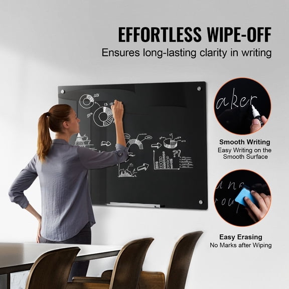 Magnetic Glass Whiteboard, Dry Erase Board 36"x24", Wall-Mounted Large White Glassboard Frameless, with Marker Tray, an Eraser and 2 Markers, Black