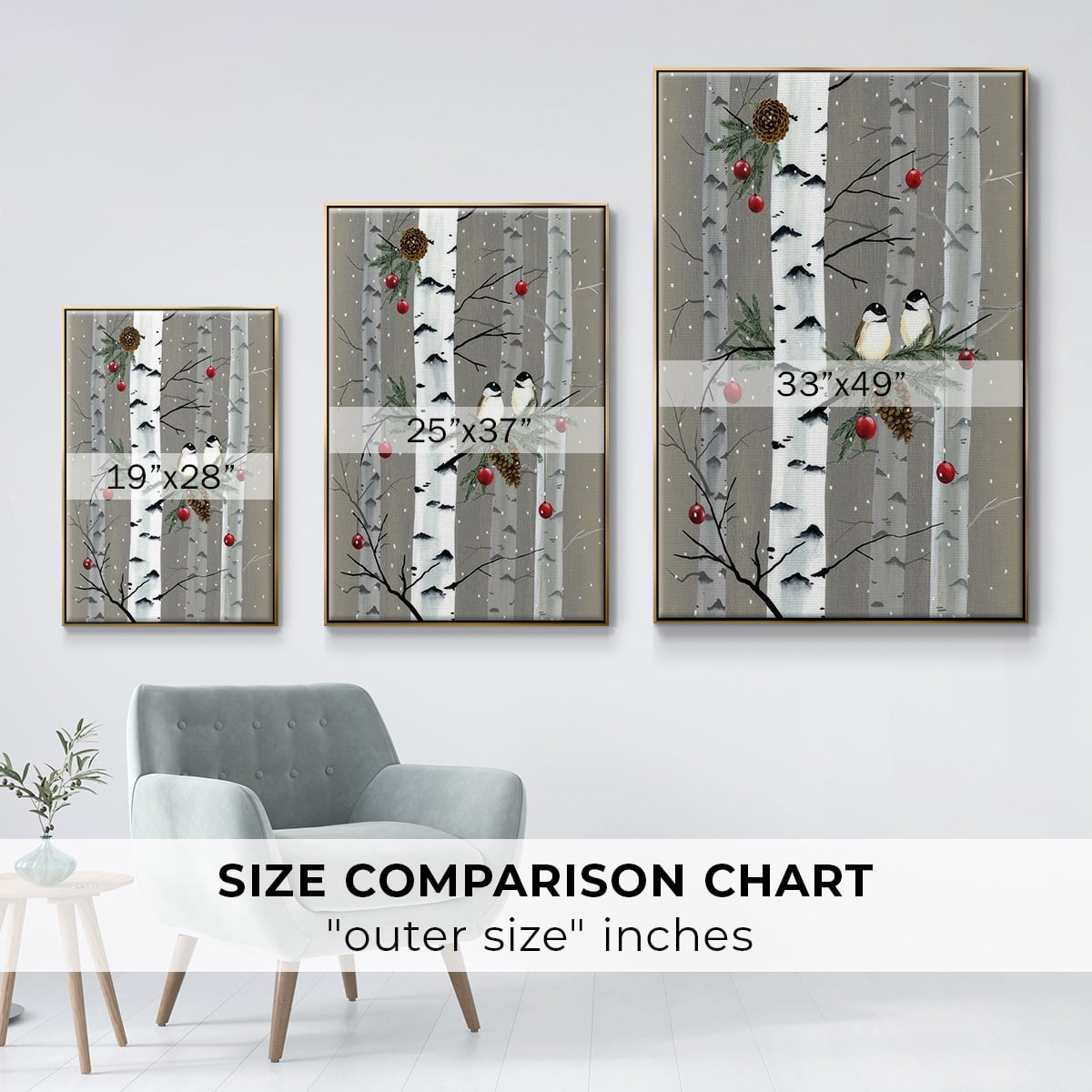 Birch Birds I - Framed Gallery Wrapped Holiday Canvas - 27 x 41 - Gold Frame