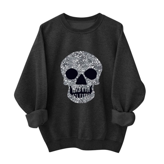 Floleo Womens Halloween Skull Print Sweatshirt Crew Neck Long Sleeve Casual Pullover Top Glitter Graphic Relaxed Fit for Fall Party Daily Wear