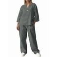 thumbnail image 2 of Womens Cotton Linen 2 Piece Sets V Neck Button Down Long Sleeve Shirt Wide Leg Trouser Sets with Pockets Army Green XL, 2 of 7