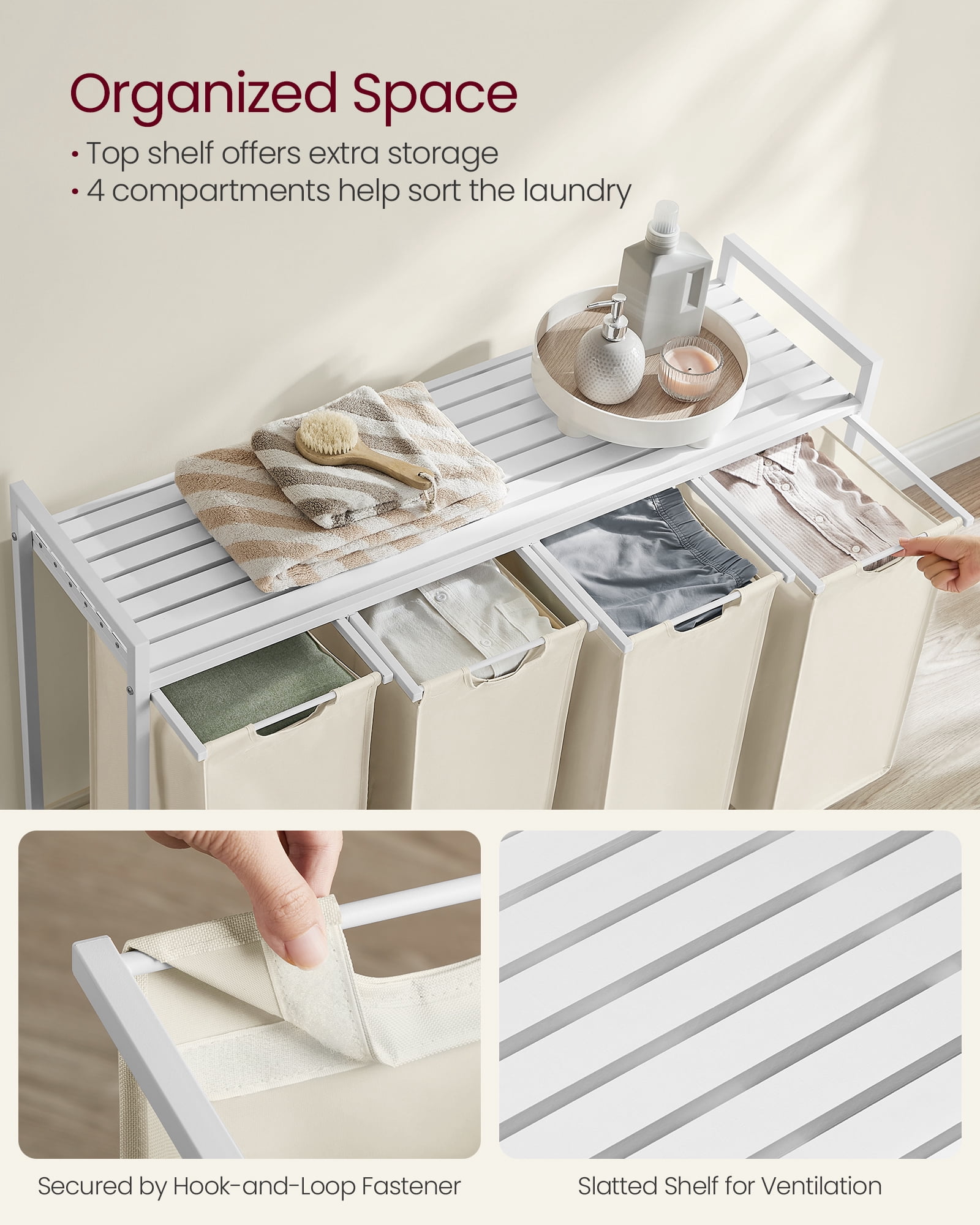 Laundry Hamper Laundry Basket Laundry Sorter with 4 Pull-Out and Removable Bags Shelf 4 x 10.6 Gallons White