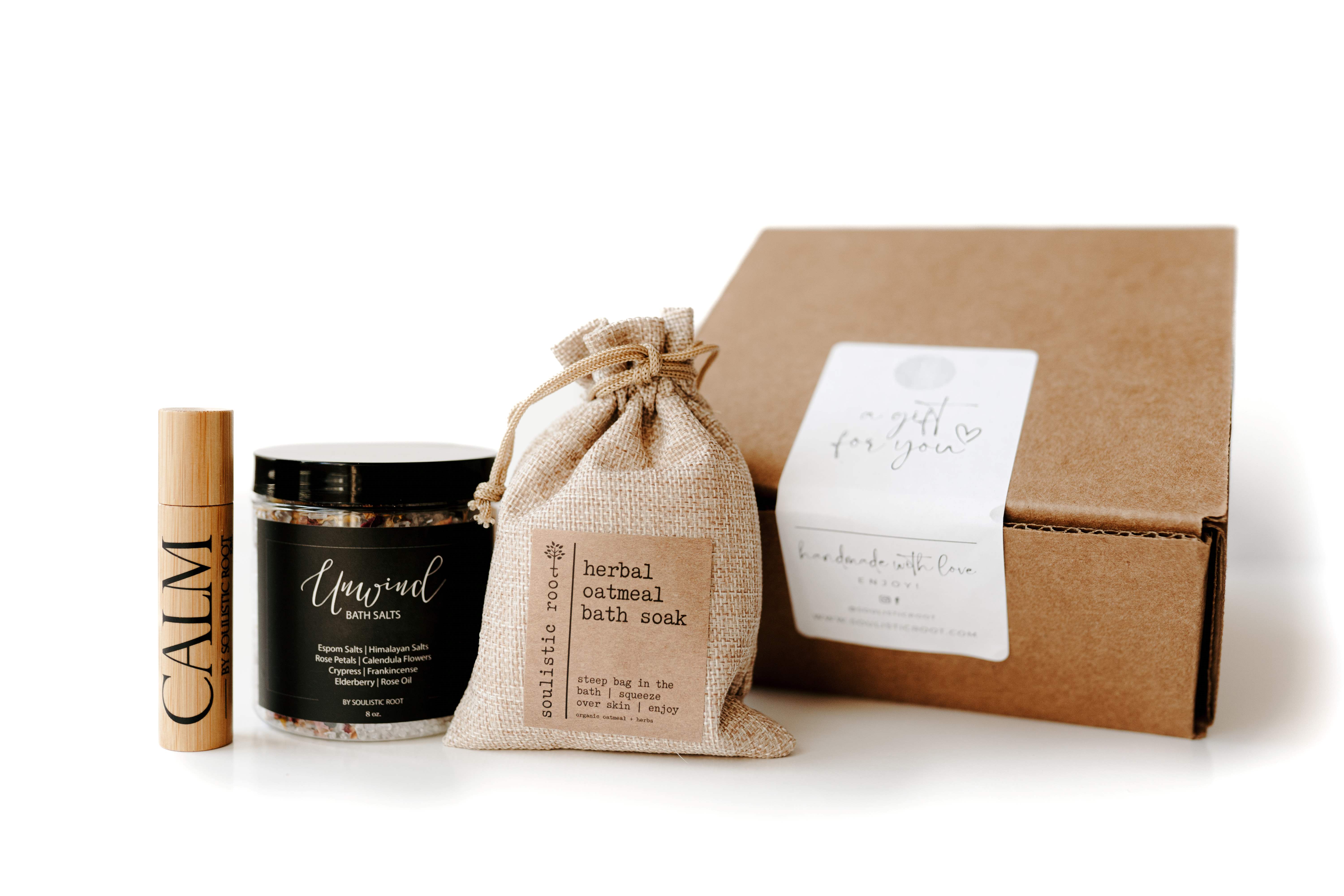 Soulistic Root Relaxing Bath Gift Set, Luxury Spa Gifts for Women, Self Care Products for Women and Men, Calm Essential Oil Roller, Oatmeal Lavender Bath Soak & Epsom Salts with Essential Oils