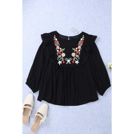 GCKG Women s Black Bohemian Floral Embroidered Ruffled Babydoll Top (US 8-10)M