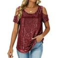thumbnail image 3 of Yeaiivve Women Sequin Tops Trendy Cold Shoulder Short Sleeves Sparkly Tshirts Crewneck Loose Comfy Glitter T-Shirt Dressy Party Clubwear Wine,L, 3 of 7