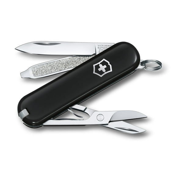 Victorinox Classic SD Swiss Army Knife, Compact, 7 Functions, Swiss Made Pocket Knife with Small Blade, Screwdriver and Key Ring - Black, Blister