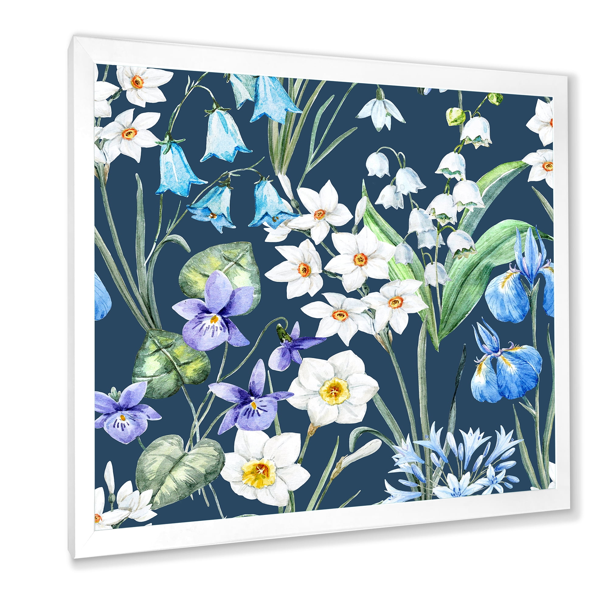 Designart 'Blue and White Spring Flowers On Dark Blue' Traditional Framed Art Print