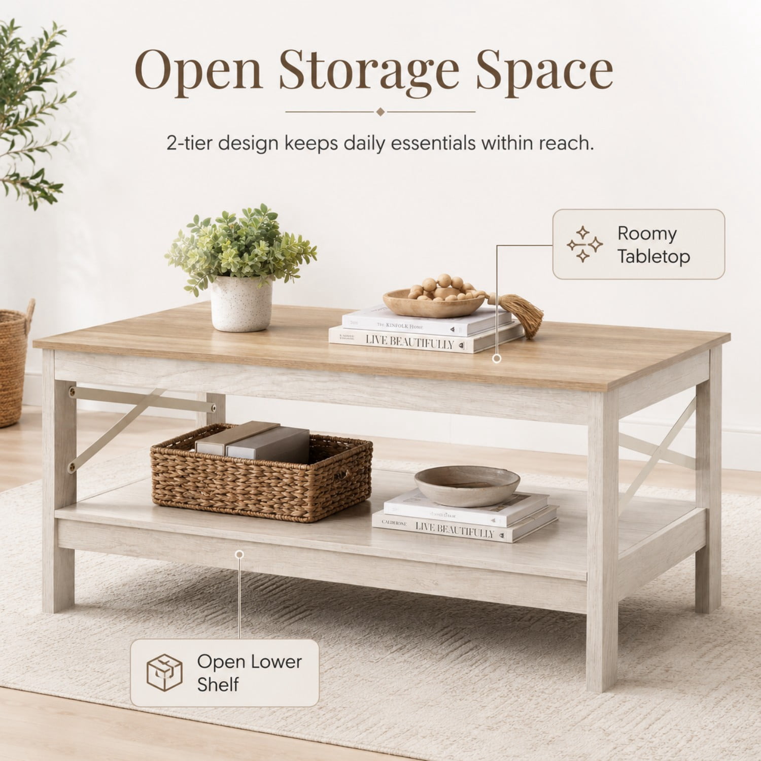 Easy4Home Coffee Table with Open Storage Shelf,2-Tier Rustic Farmhouse Center Table for Living Room, Natural Oak