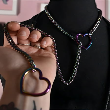 DESIGNICE Heart Slip Chain Necklaces for Women, Stainless Steel O-Ring Adjustable Lariat Heart Y-Necklace, Punk Gothic Cuban Collar Necklace Jewelry for Men