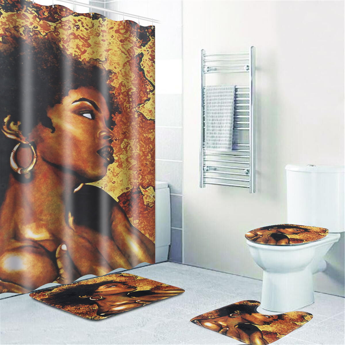 Exotic Woman African Girls Bathroom Shower Curtain Toilet Cover Mat Non-Slip 