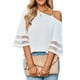 thumbnail image 1 of Camisa con hombros descubiertos para mujer, blusa elegante transpirable con manga acampanada y empalme de malla para mujer, 1 of 7