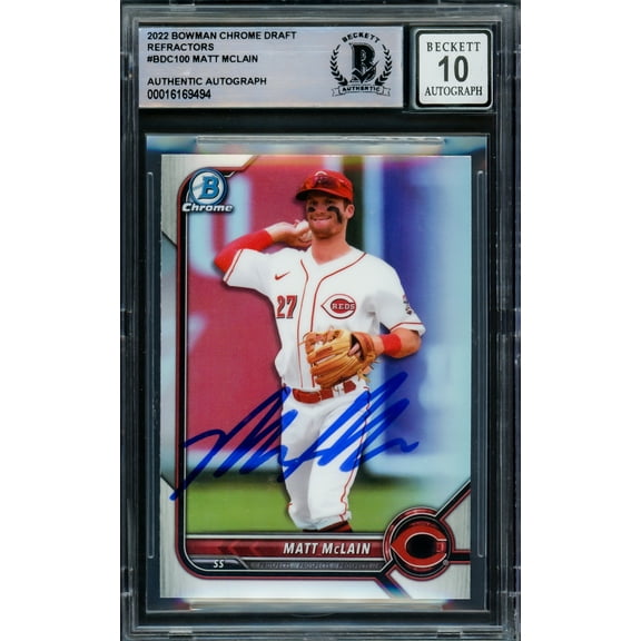 Matt McLain Autographed 2022 Bowman Chrome Draft Refractors Rookie Card #BDC100 Cincinnati Reds Auto Grade Gem Mint 10 Beckett BAS 220732