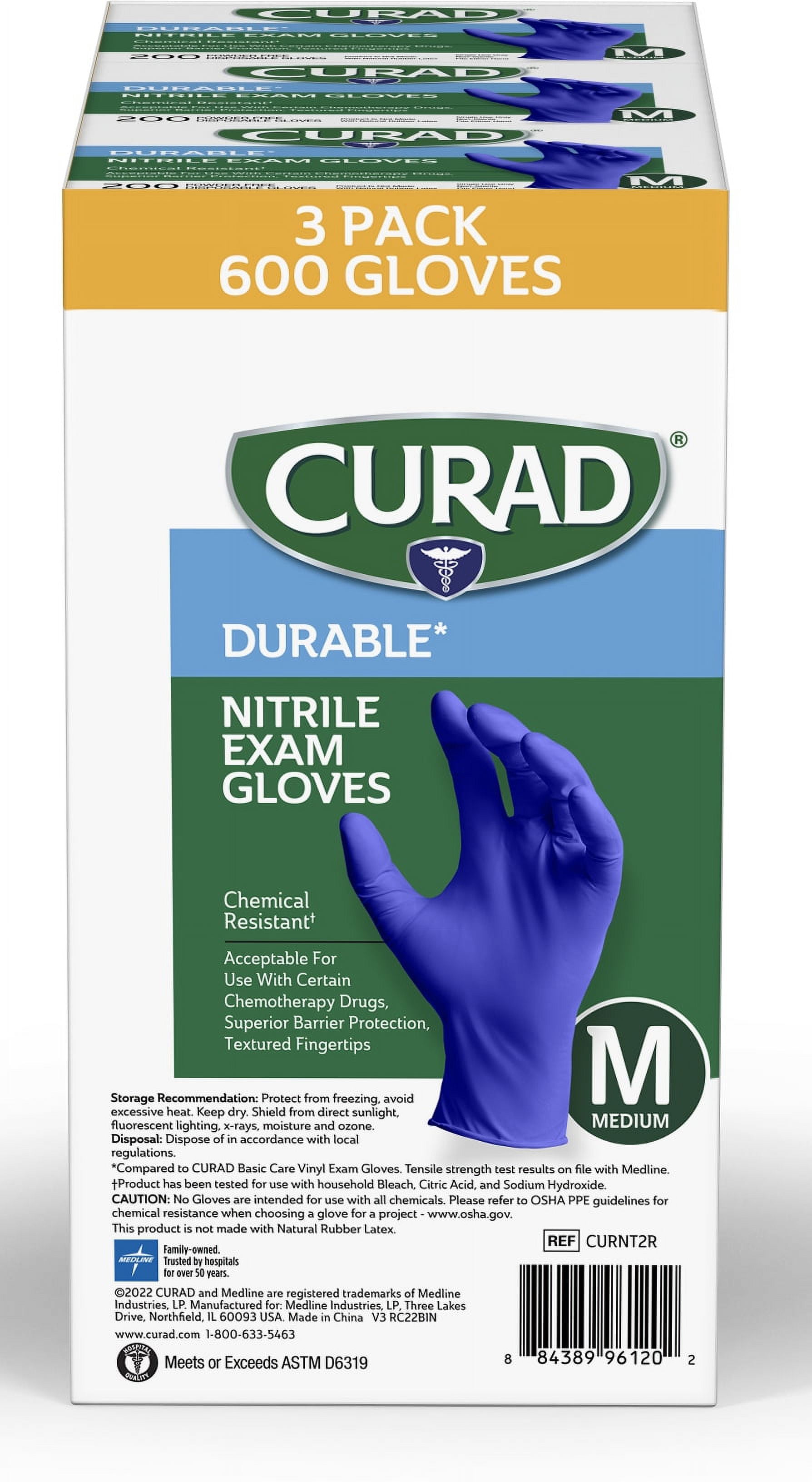CURAD Nitrile Exam Gloves, Durable, Powder Free, Chemical Resistant, Medium, 600 Count, Color May Vary