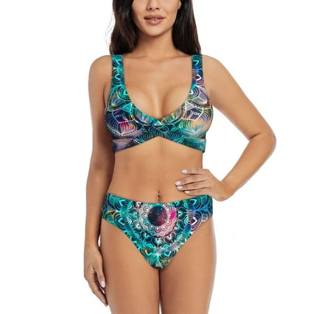 Zeuib Watercolor Mandala High Waisted Tummy Control Bikini Set - Knot Front Push Up Top & Cheeky Thong Bottom  Two-Piece Swimsuit for Women-Large