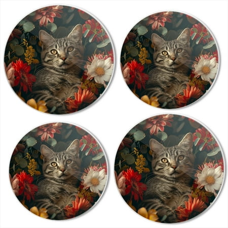 

BaHomeck Electric Stove Burner Covers Set of 4 Round Metal Gas Stove Burner Covers 8 Inch and 10 Inch Kitchen Decor Gray Tabby Cat Surrounded By Colorful Flowers