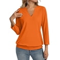 thumbnail image 3 of Womens 3/4 Sleeve Shirts Banded Bottom V Neck Summer Tops Loose Fit Casual Dressy Basic Tees Saffron L, 3 of 6