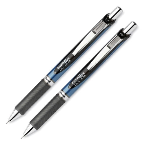Pentel EnerGel RTX Liquid Gel Pens Medium Pen Point - 0.7 mm Pen Point Size - Needle Pen Point Style - Refillable - Retractable - Black Gel-based Ink - Blue Barrel - Stainless Steel Tip - 2 / Pack