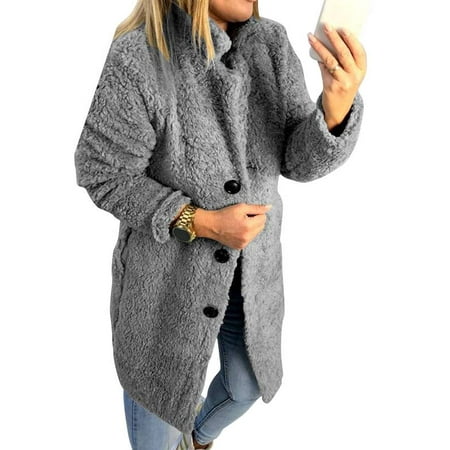 - JustVH Women's Casual Lapel Fleece Fuzzy Faux Shearling Button Down Warm Coat Winter Outwear Jackets