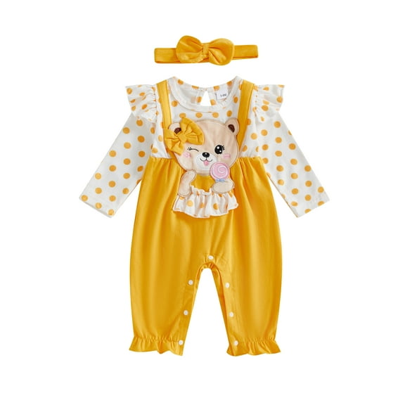 BemeyourBBs Baby Girl Bear Patch Romper Ruffle Long Sleeve Jumpsuit with Headband