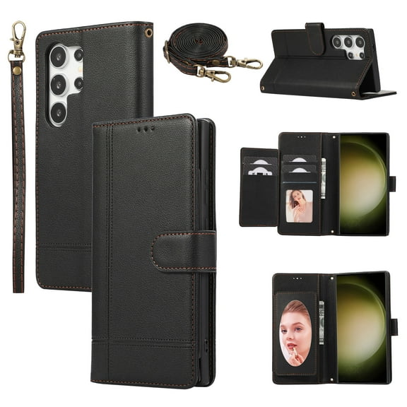 Dteck for Samsung Galaxy S24 Ultra Case with Shoulder/Wrist Strap,Magnetic Leather Case Card Slots Wallet with Mirror Shockproof TPU Kickstand Cover for Galaxy S24 Ultra,Black